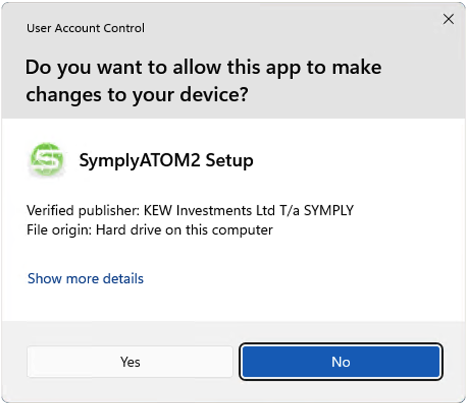 UAC prompt showing the Verified publisher: KEW Investments Ltd T/a SYMPLY.